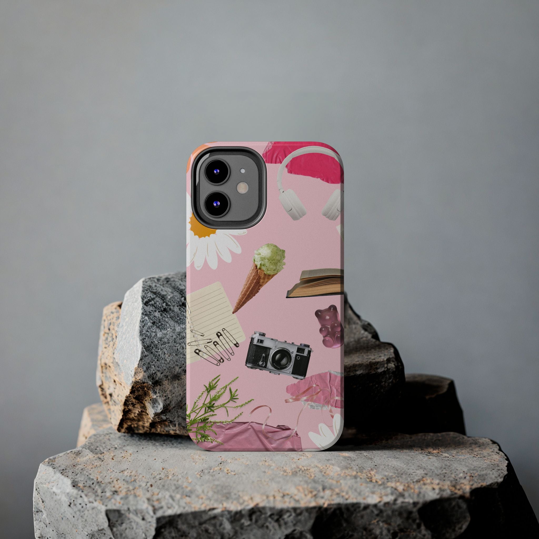 Pastel Collage Tough Phone Case – Cute Floral, Camera & Snacks Pattern