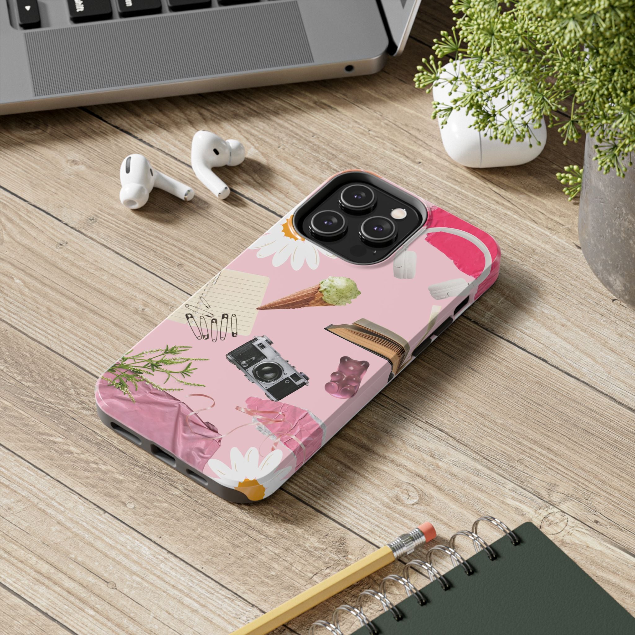 Pastel Collage Tough Phone Case – Cute Floral, Camera & Snacks Pattern