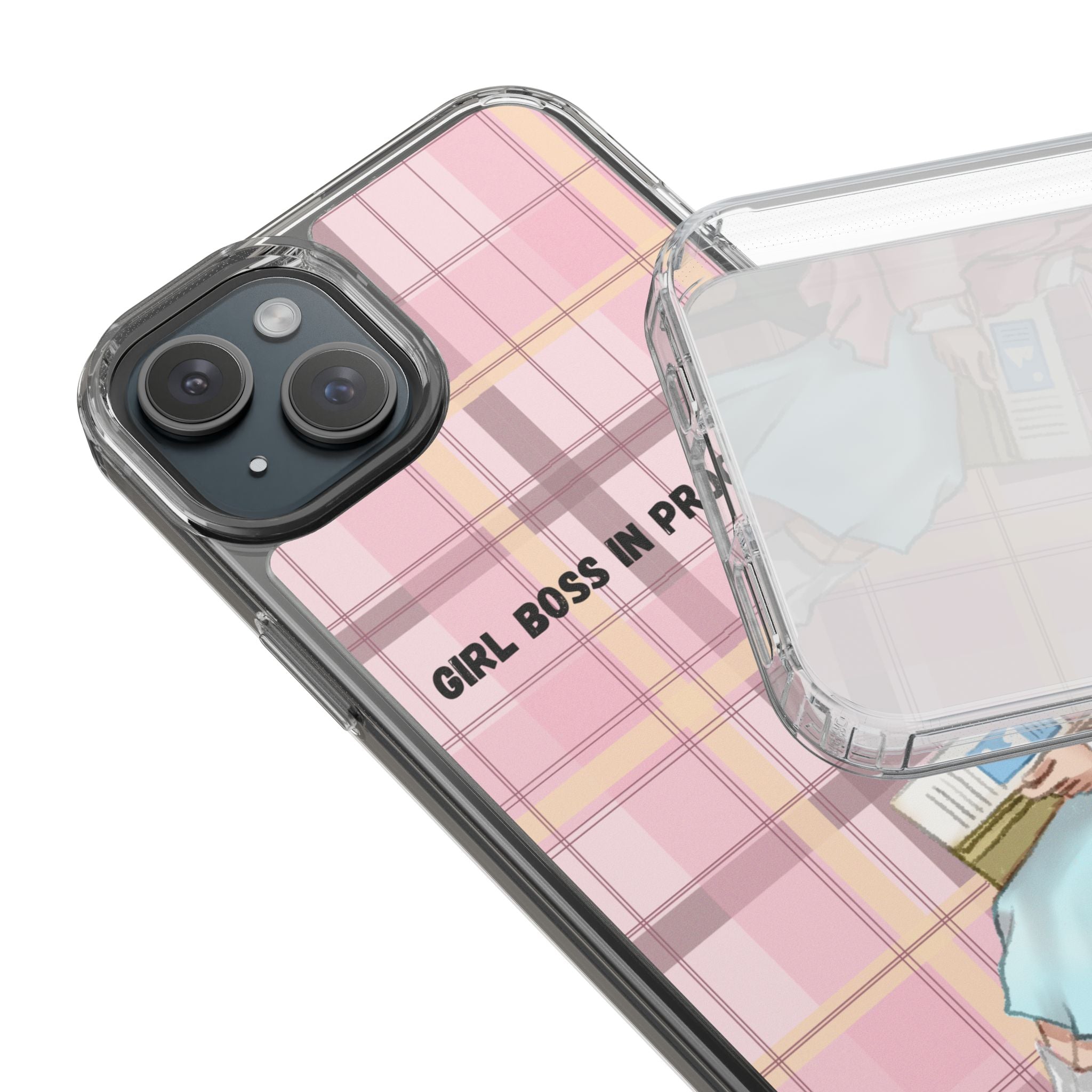 Girl Boss in Progress Clear Phone Case – Pink Plaid Feminine iPhone Cover