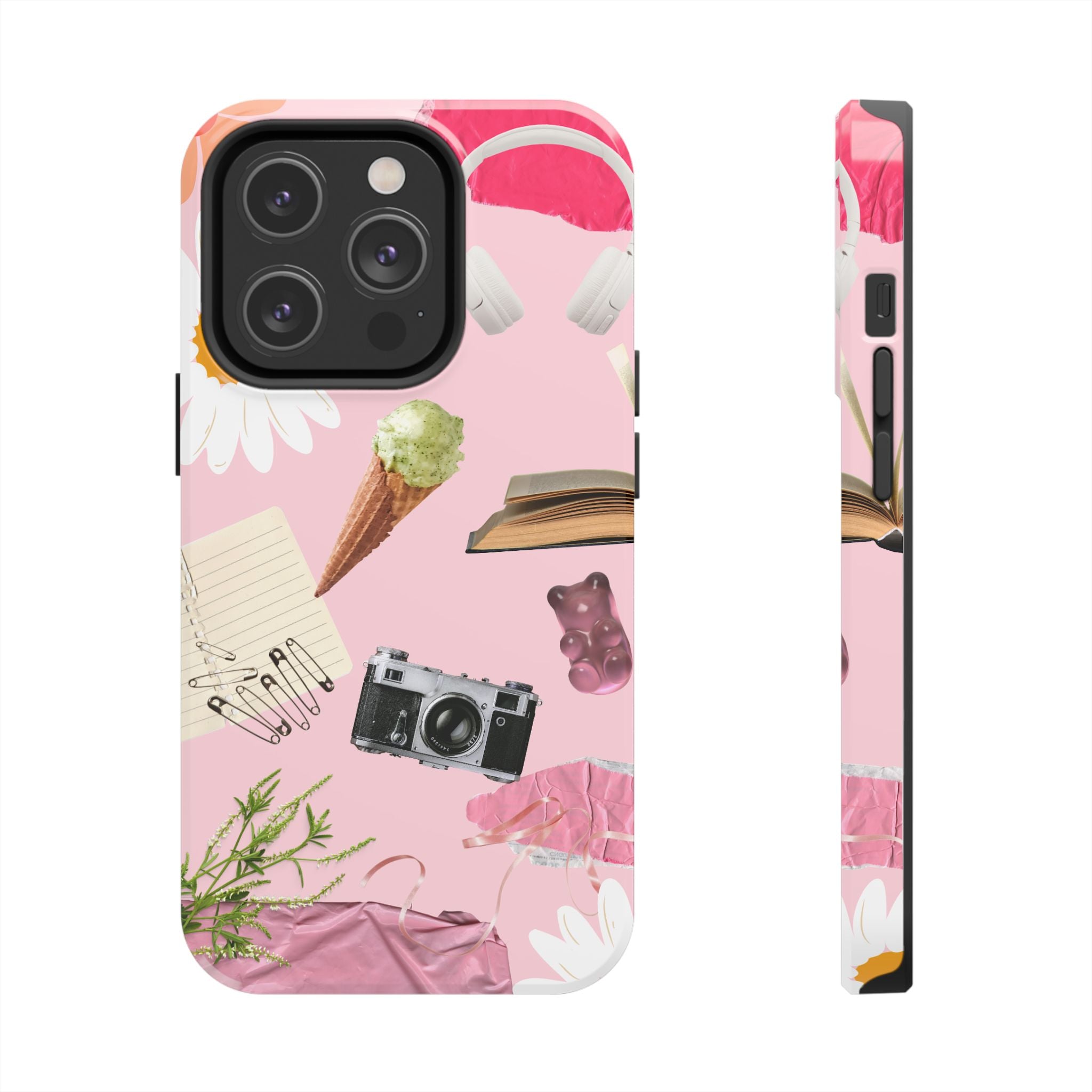 Pastel Collage Tough Phone Case – Cute Floral, Camera & Snacks Pattern
