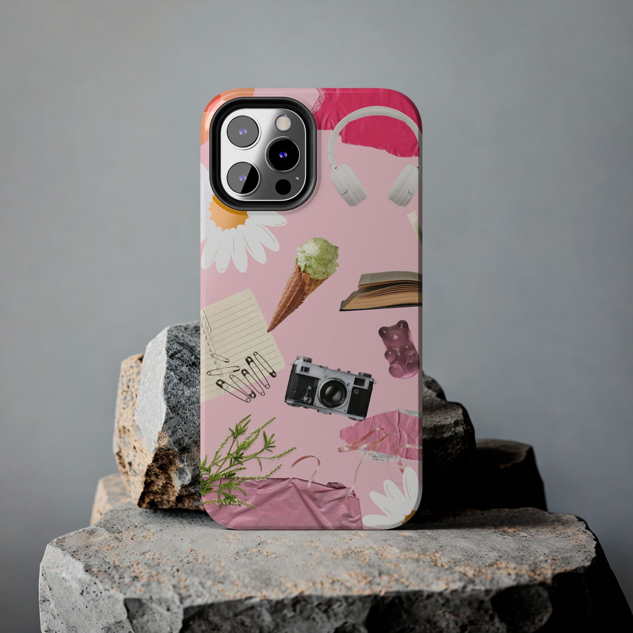 Pastel Collage Tough Phone Case – Cute Floral, Camera & Snacks Pattern