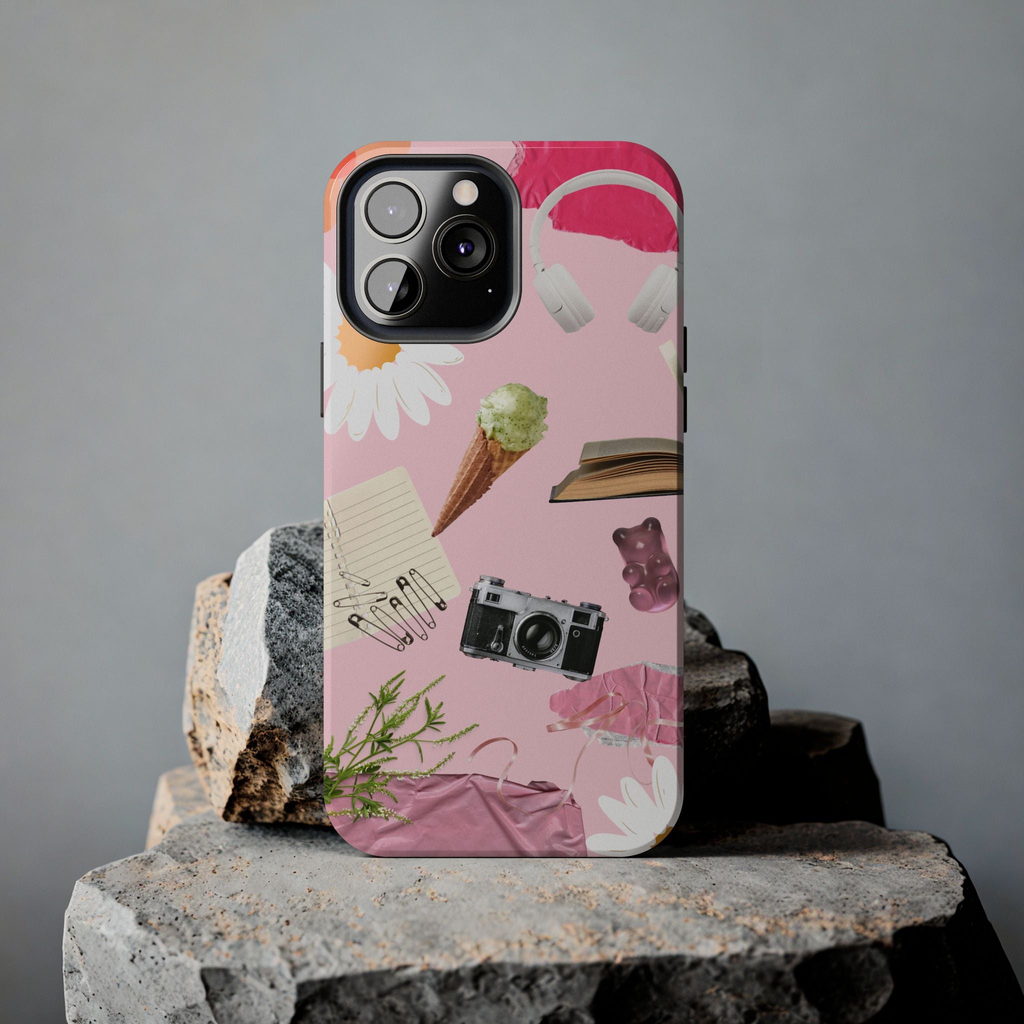 Pastel Collage Tough Phone Case – Cute Floral, Camera & Snacks Pattern