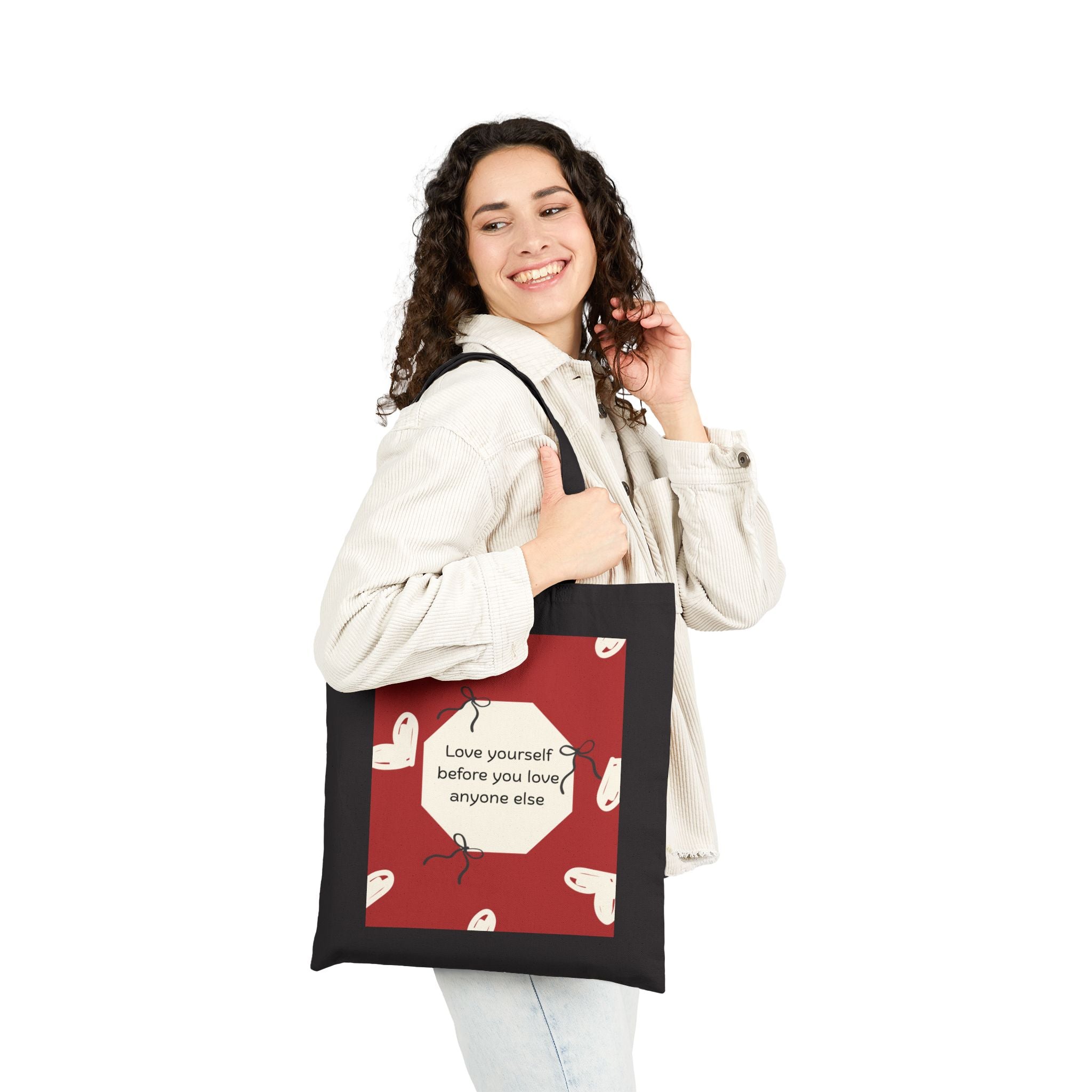 Tote Bag — 'Love Yourself First' Heart Canvas Tote, Self-Care Quote Eco Shopper