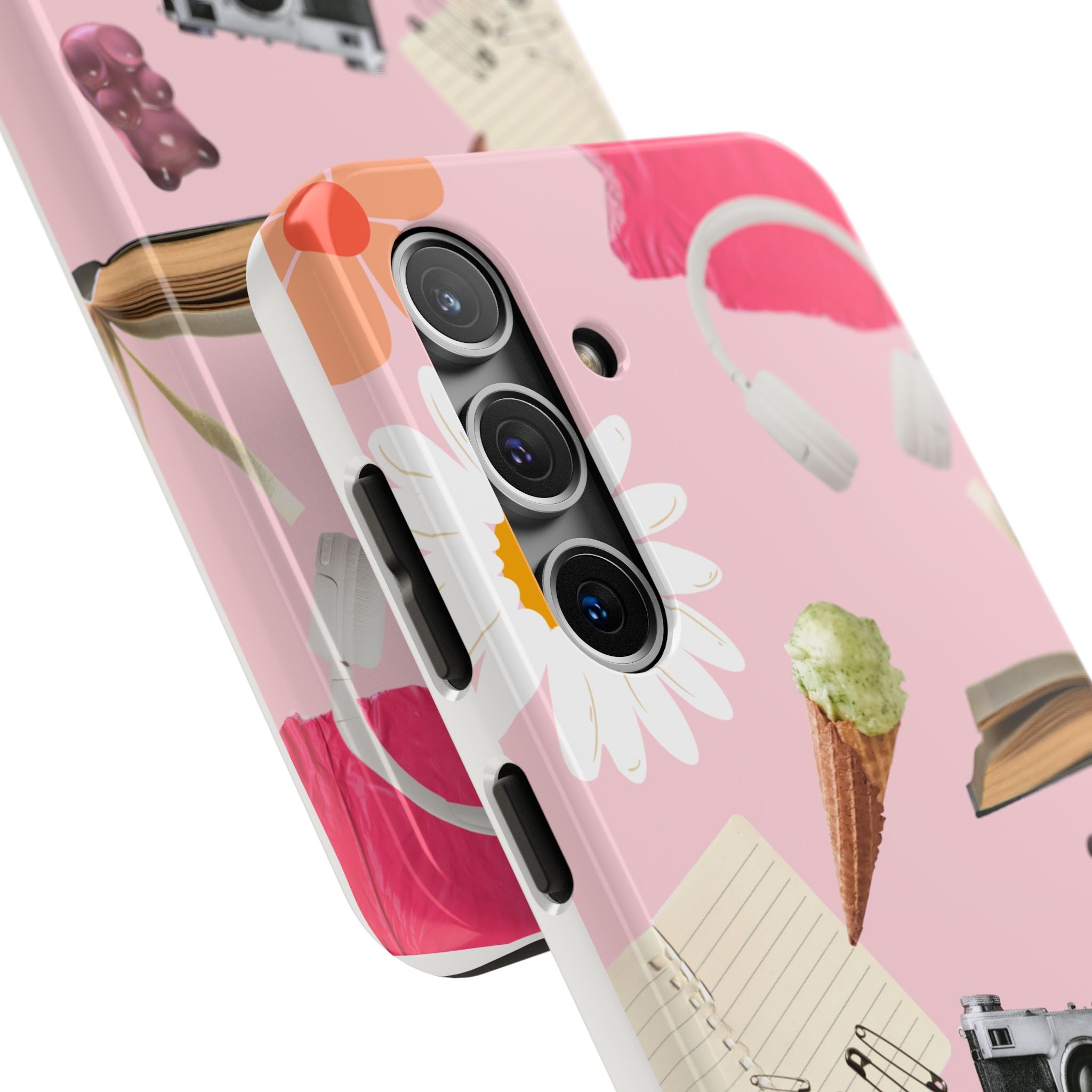 Pastel Collage Tough Phone Case – Cute Floral, Camera & Snacks Pattern