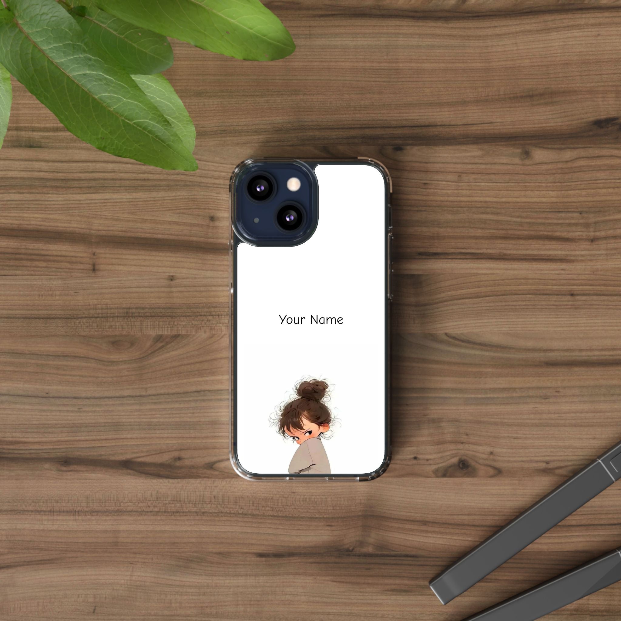 Personalized Clear Phone Case — Cute Girl Illustration with Custom Name