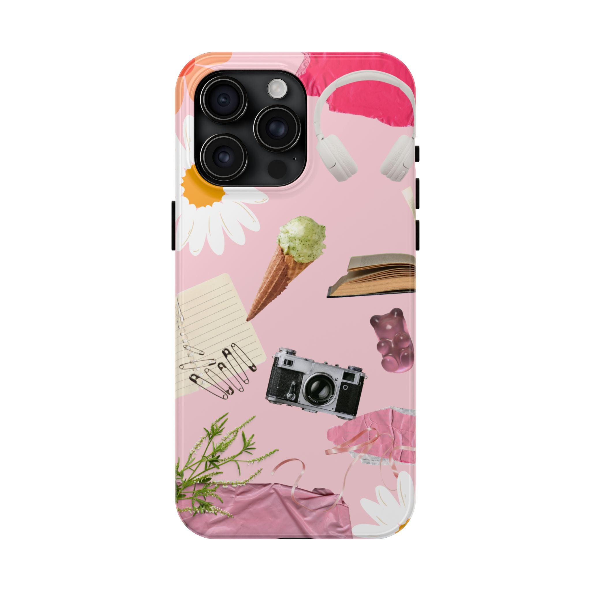 Pastel Collage Tough Phone Case – Cute Floral, Camera & Snacks Pattern
