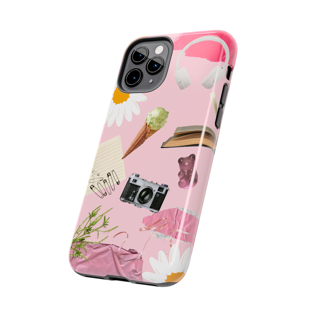 Pastel Collage Tough Phone Case – Cute Floral, Camera & Snacks Pattern