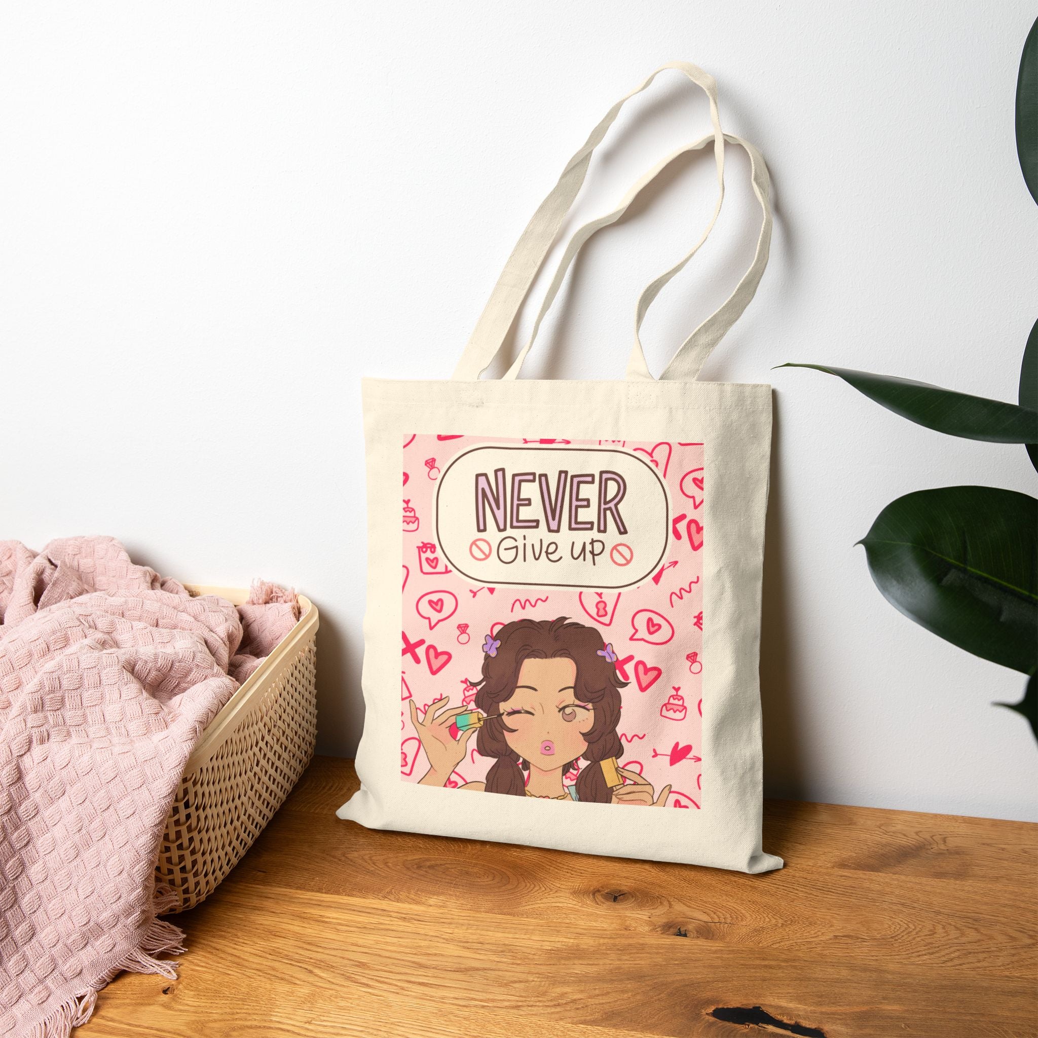 Never Give Up Tote Bag — Cute Motivational Canvas Tote for Women