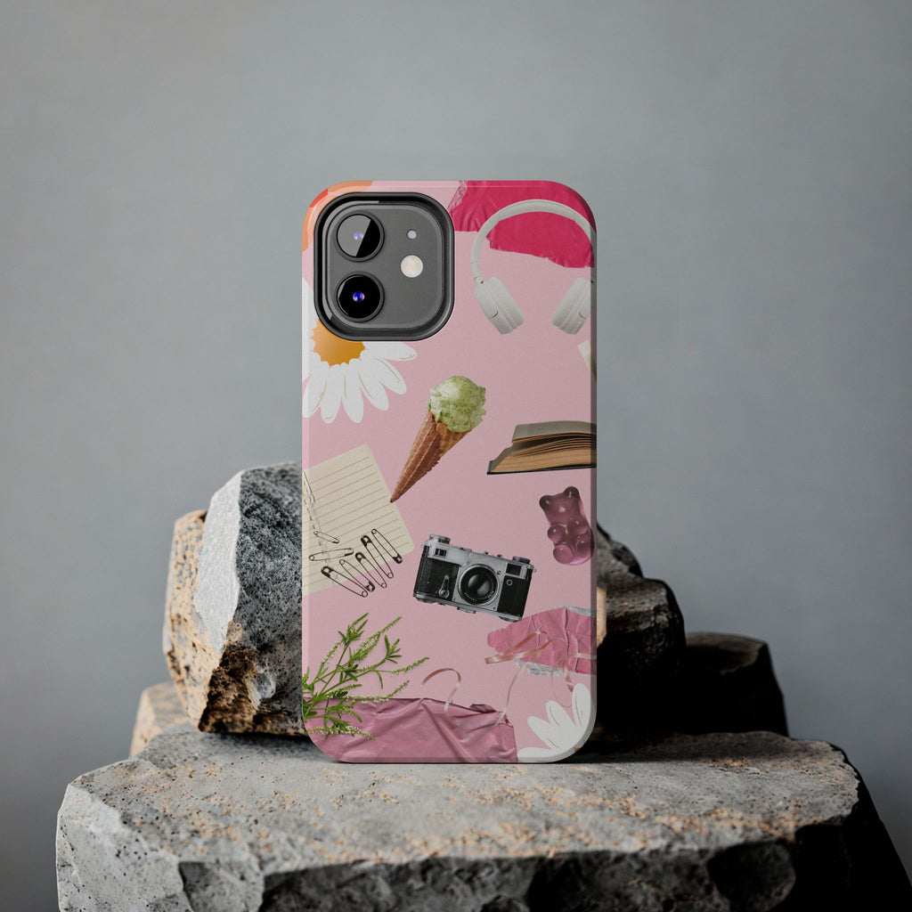 Pastel Collage Tough Phone Case – Cute Floral, Camera & Snacks Pattern