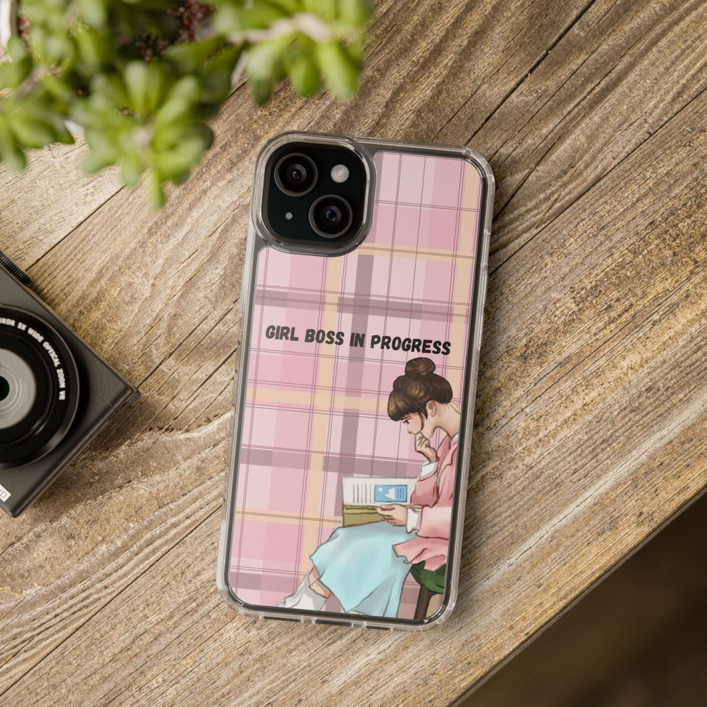 Girl Boss in Progress Clear Phone Case – Pink Plaid Feminine iPhone Cover