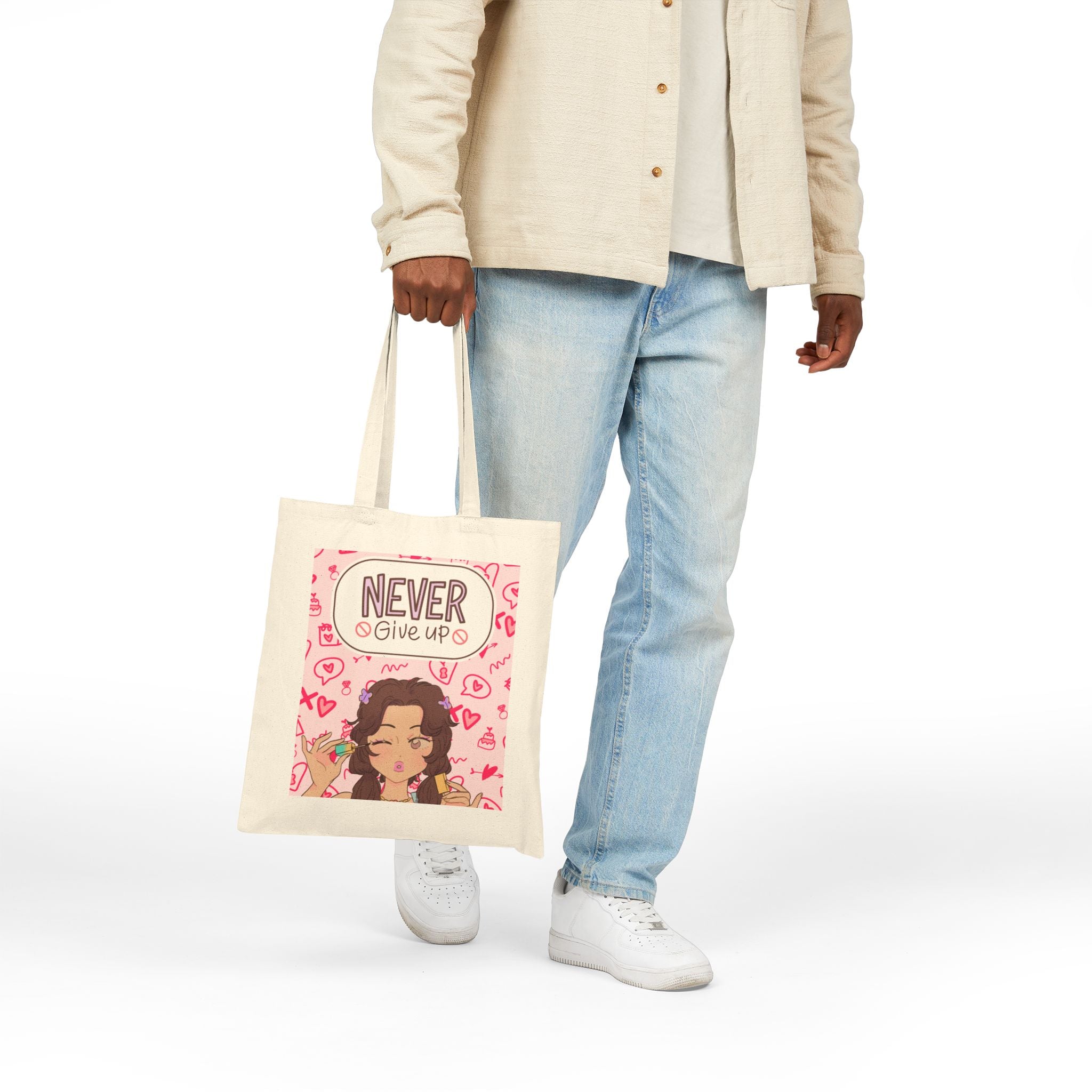 Never Give Up Tote Bag — Cute Motivational Canvas Tote for Women