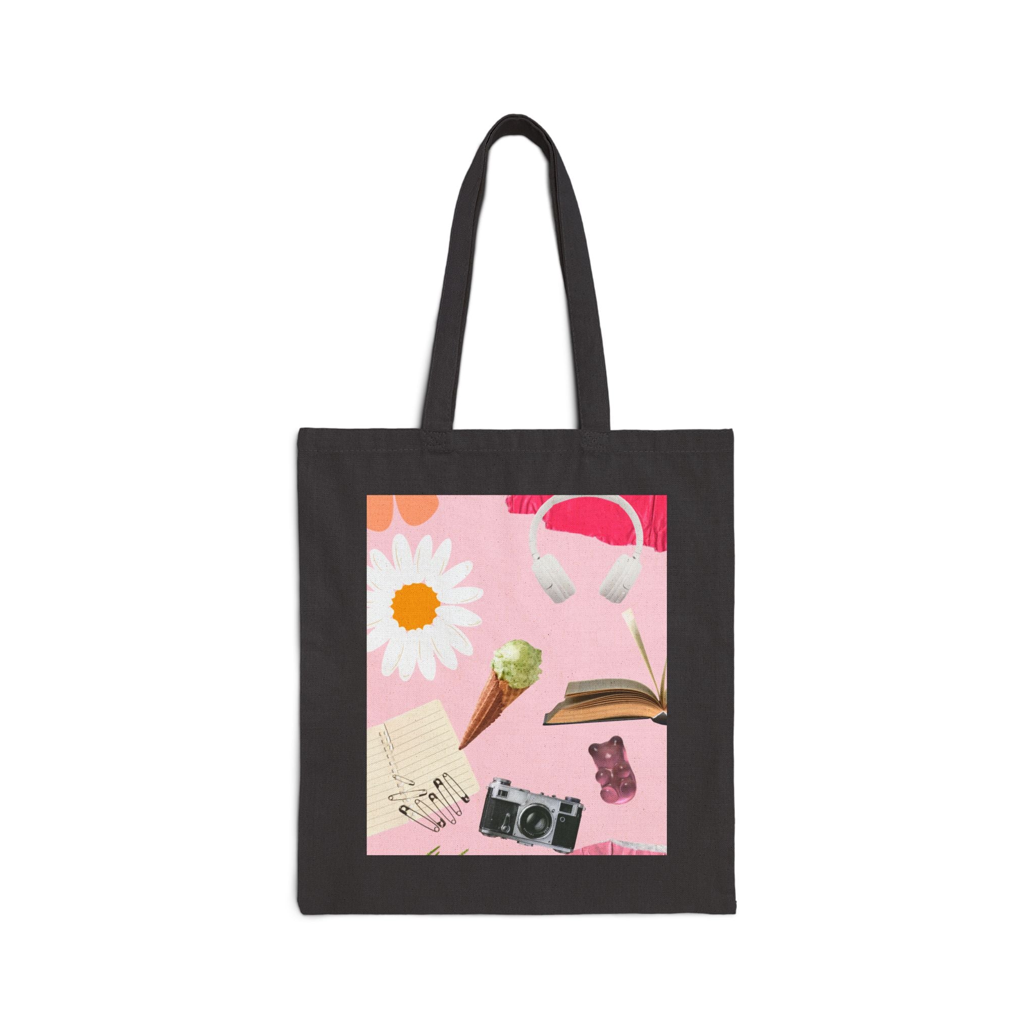 Canvas Tote Bag — Pink Aesthetic Collage: Daisy, Camera, Headphones & Book