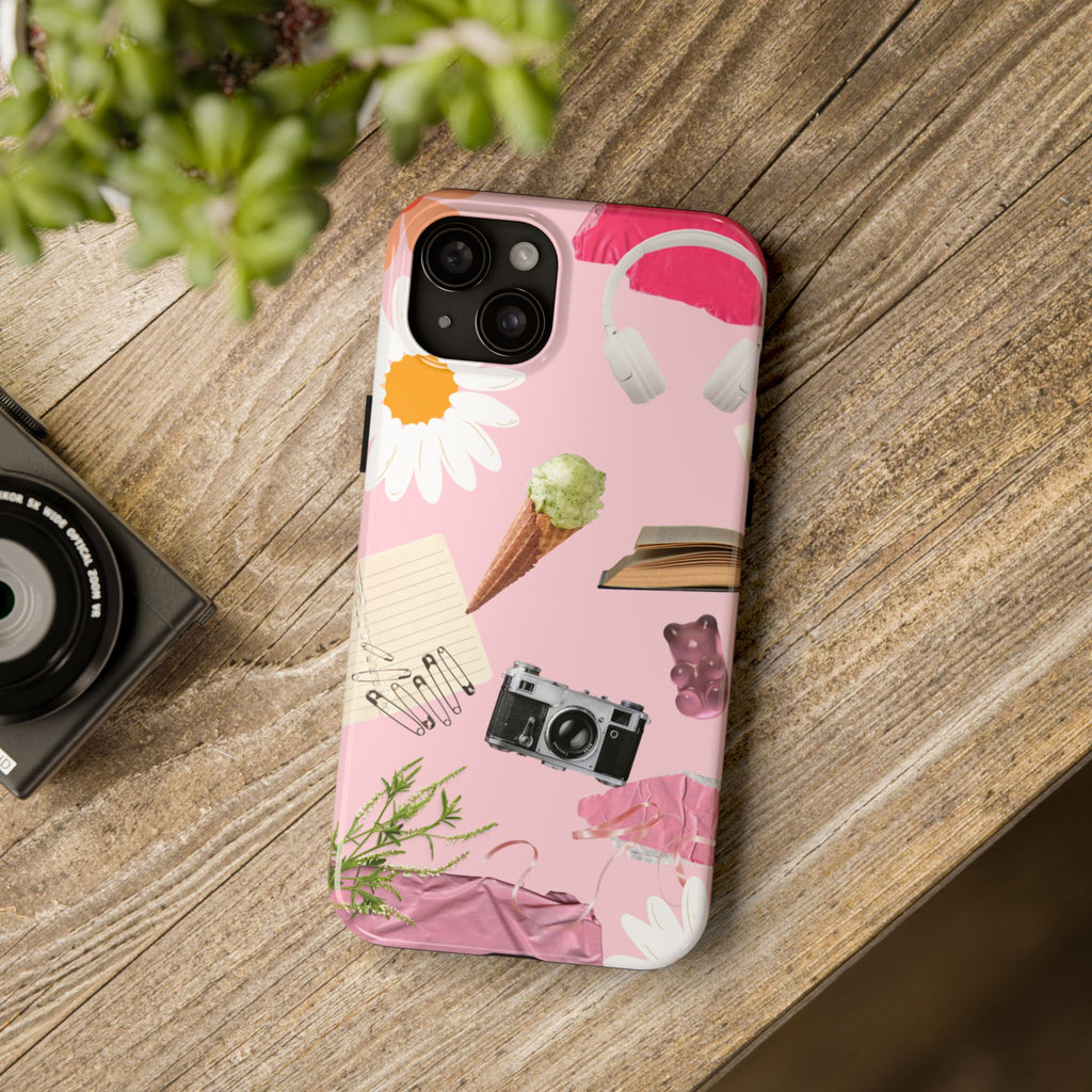 Pastel Collage Tough Phone Case – Cute Floral, Camera & Snacks Pattern