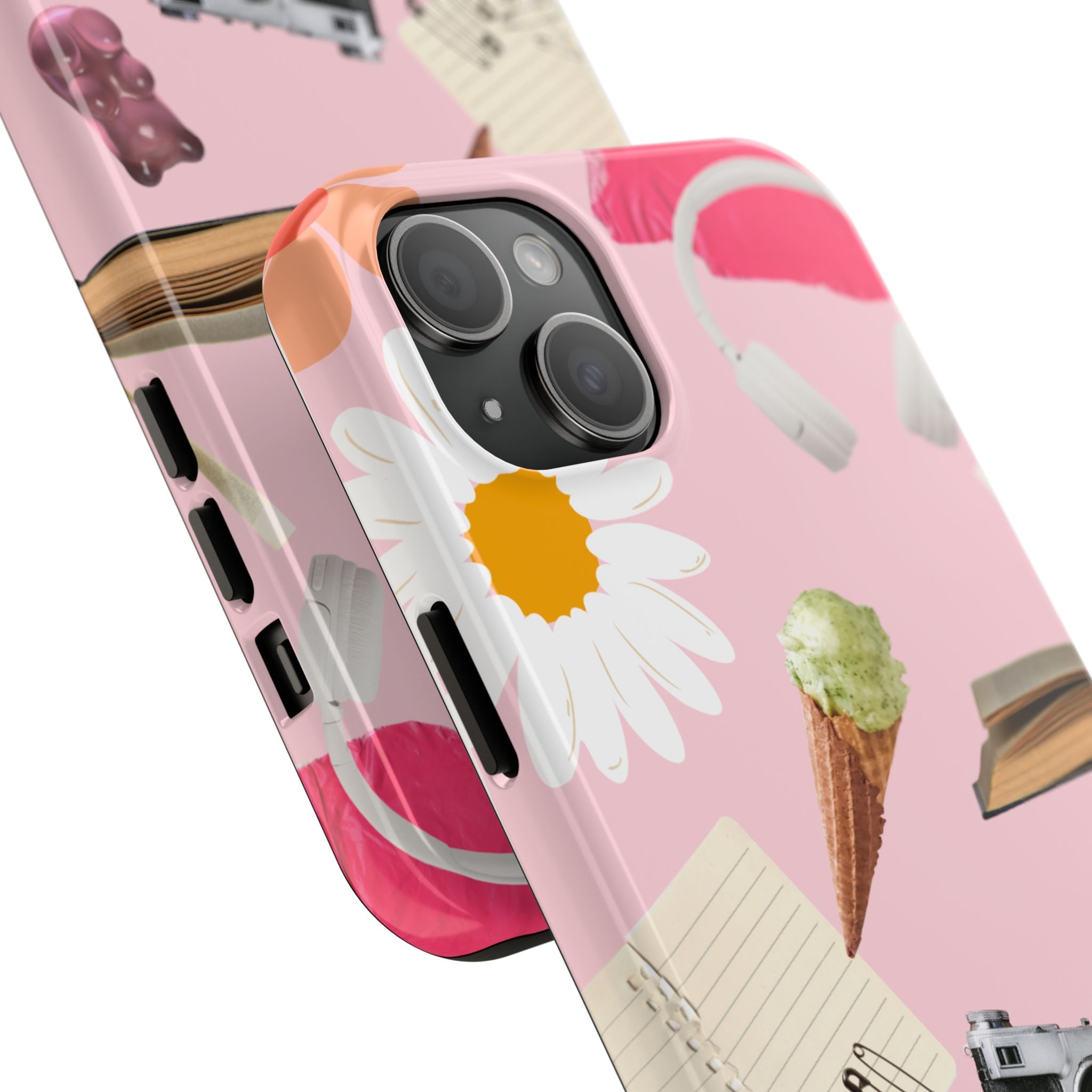 Pastel Collage Tough Phone Case – Cute Floral, Camera & Snacks Pattern