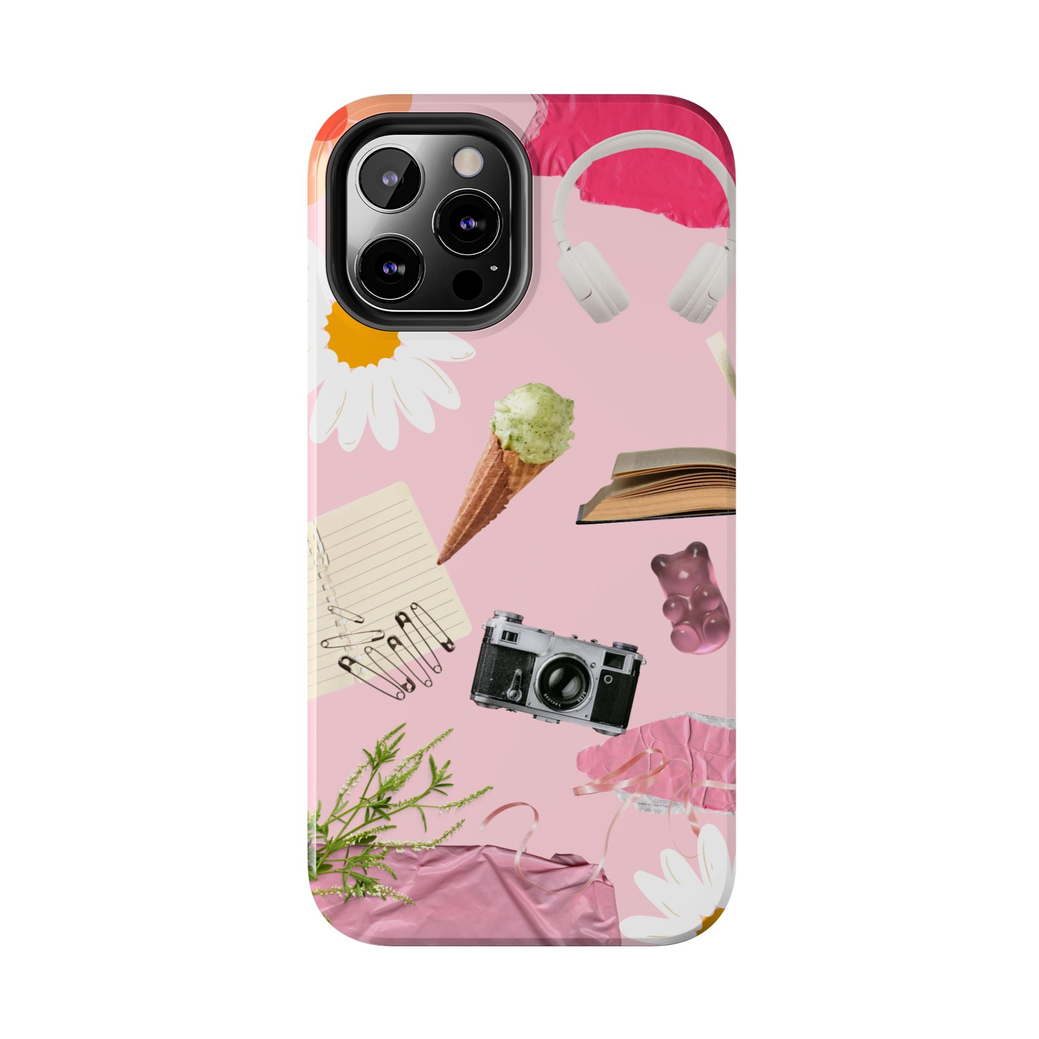 Pastel Collage Tough Phone Case – Cute Floral, Camera & Snacks Pattern