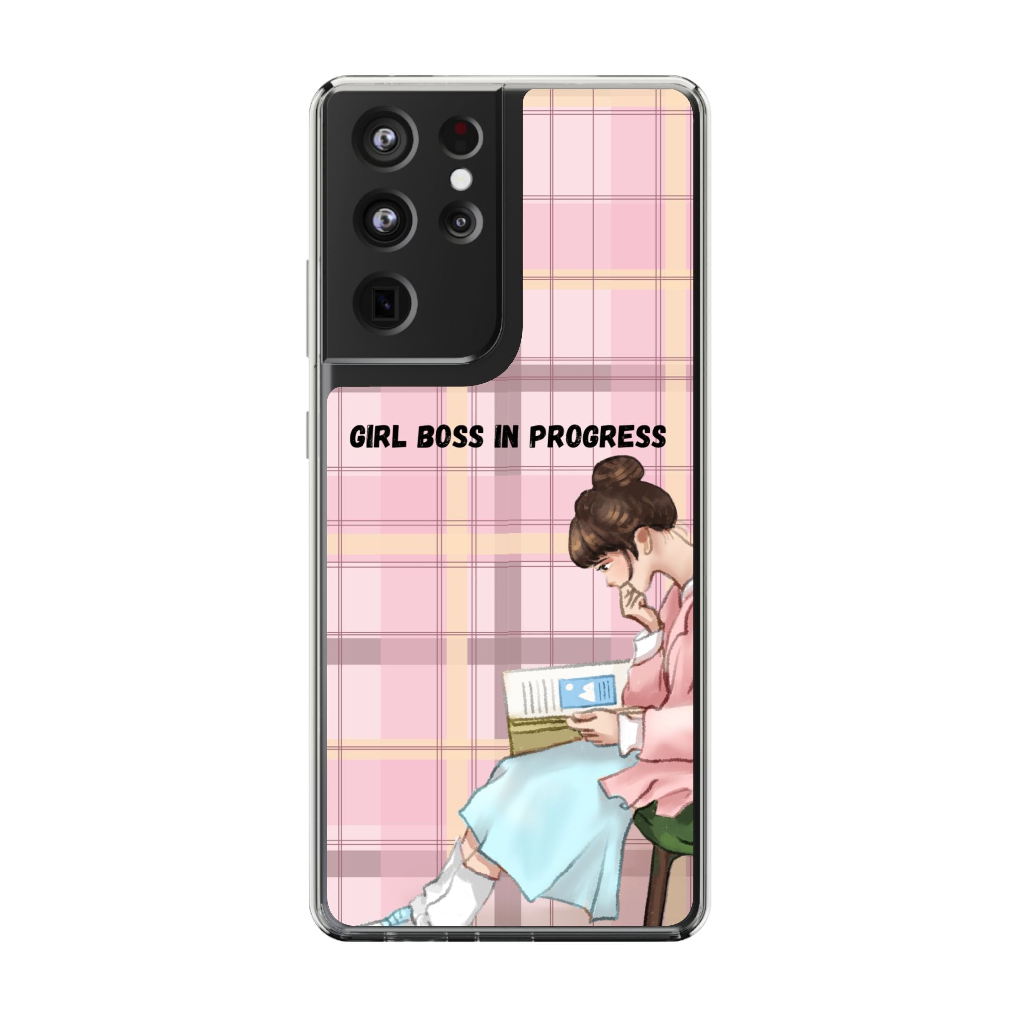 Girl Boss in Progress Clear Phone Case – Pink Plaid Feminine iPhone Cover