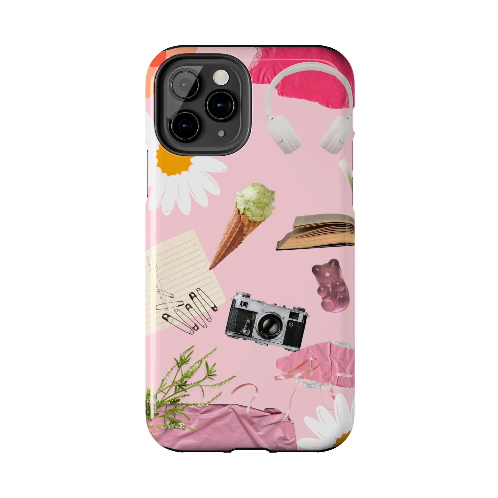 Pastel Collage Tough Phone Case – Cute Floral, Camera & Snacks Pattern