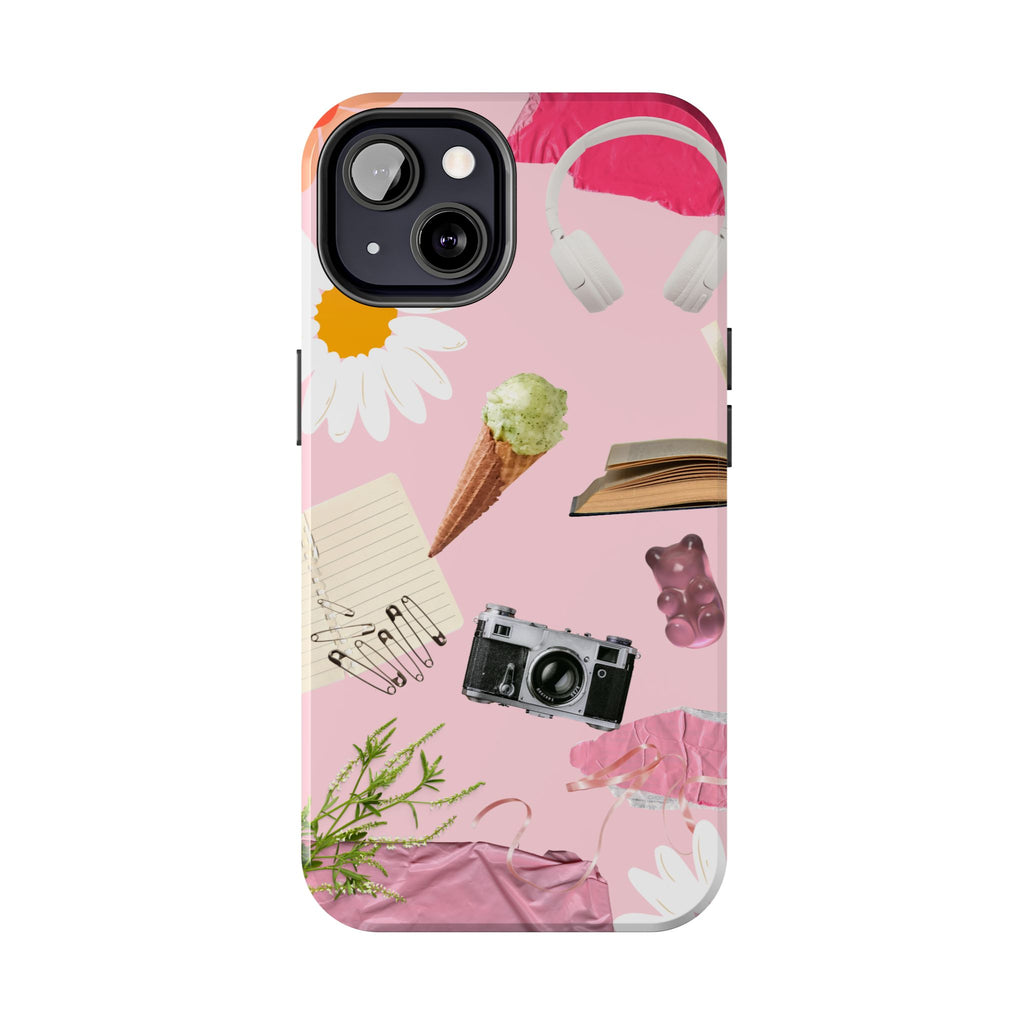 Pastel Collage Tough Phone Case – Cute Floral, Camera & Snacks Pattern