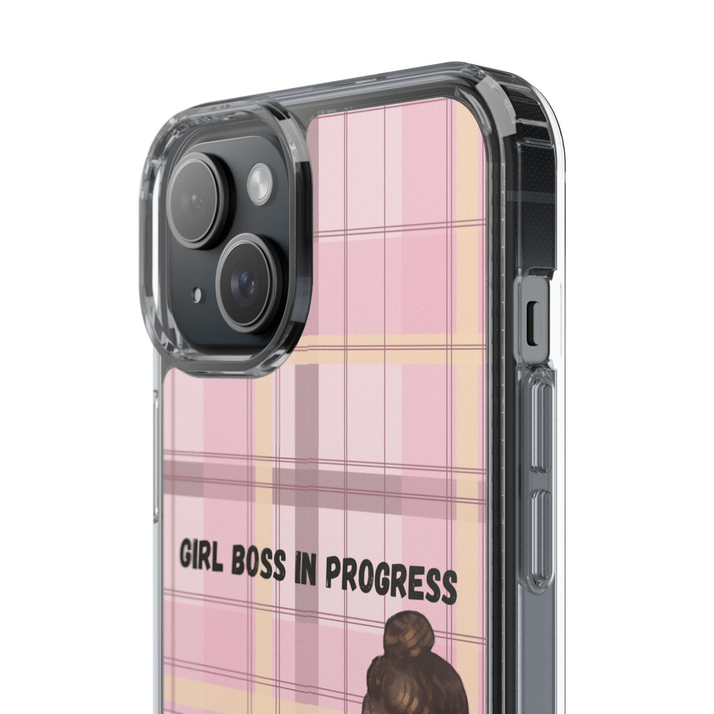Girl Boss in Progress Clear Phone Case – Pink Plaid Feminine iPhone Cover