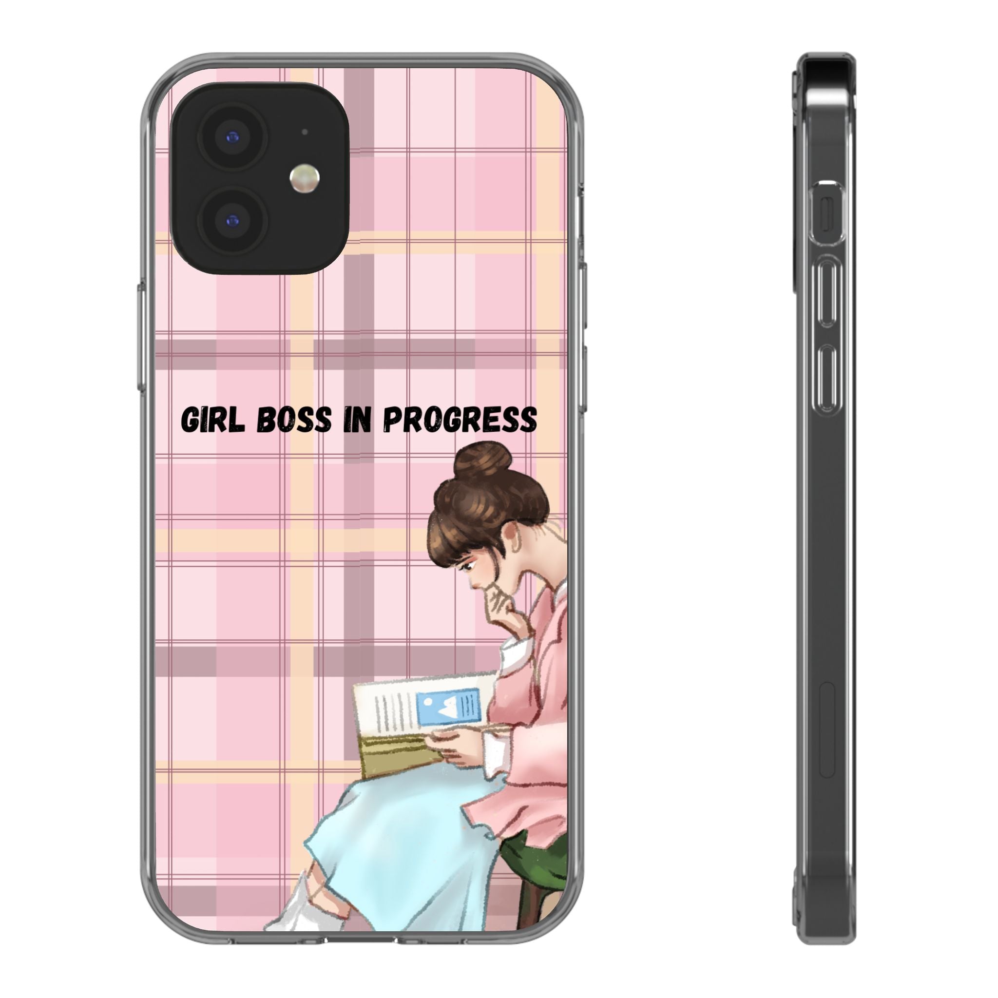 Girl Boss in Progress Clear Phone Case – Pink Plaid Feminine iPhone Cover