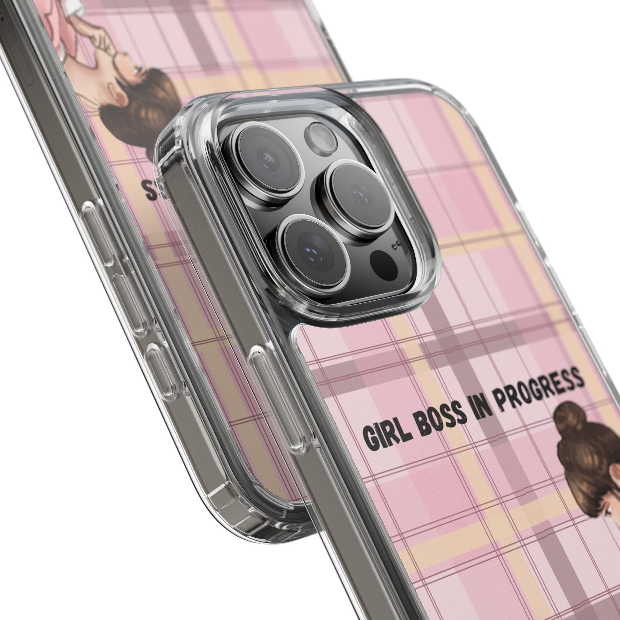 Girl Boss in Progress Clear Phone Case – Pink Plaid Feminine iPhone Cover