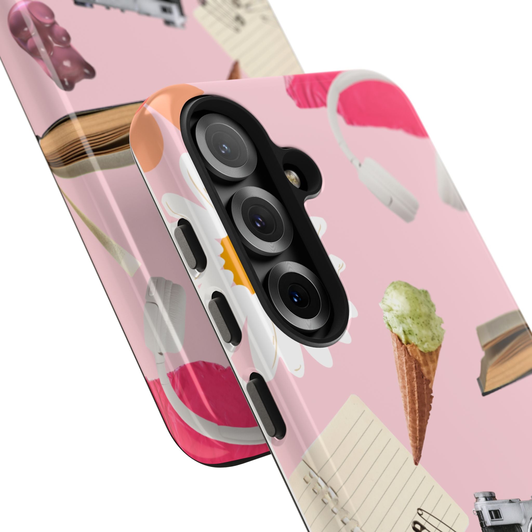 Pastel Collage Tough Phone Case – Cute Floral, Camera & Snacks Pattern