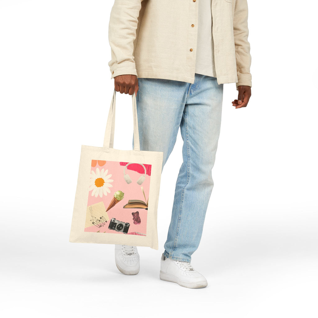 Canvas Tote Bag — Pink Aesthetic Collage: Daisy, Camera, Headphones & Book