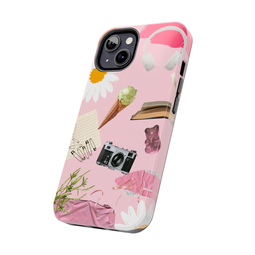 Pastel Collage Tough Phone Case – Cute Floral, Camera & Snacks Pattern