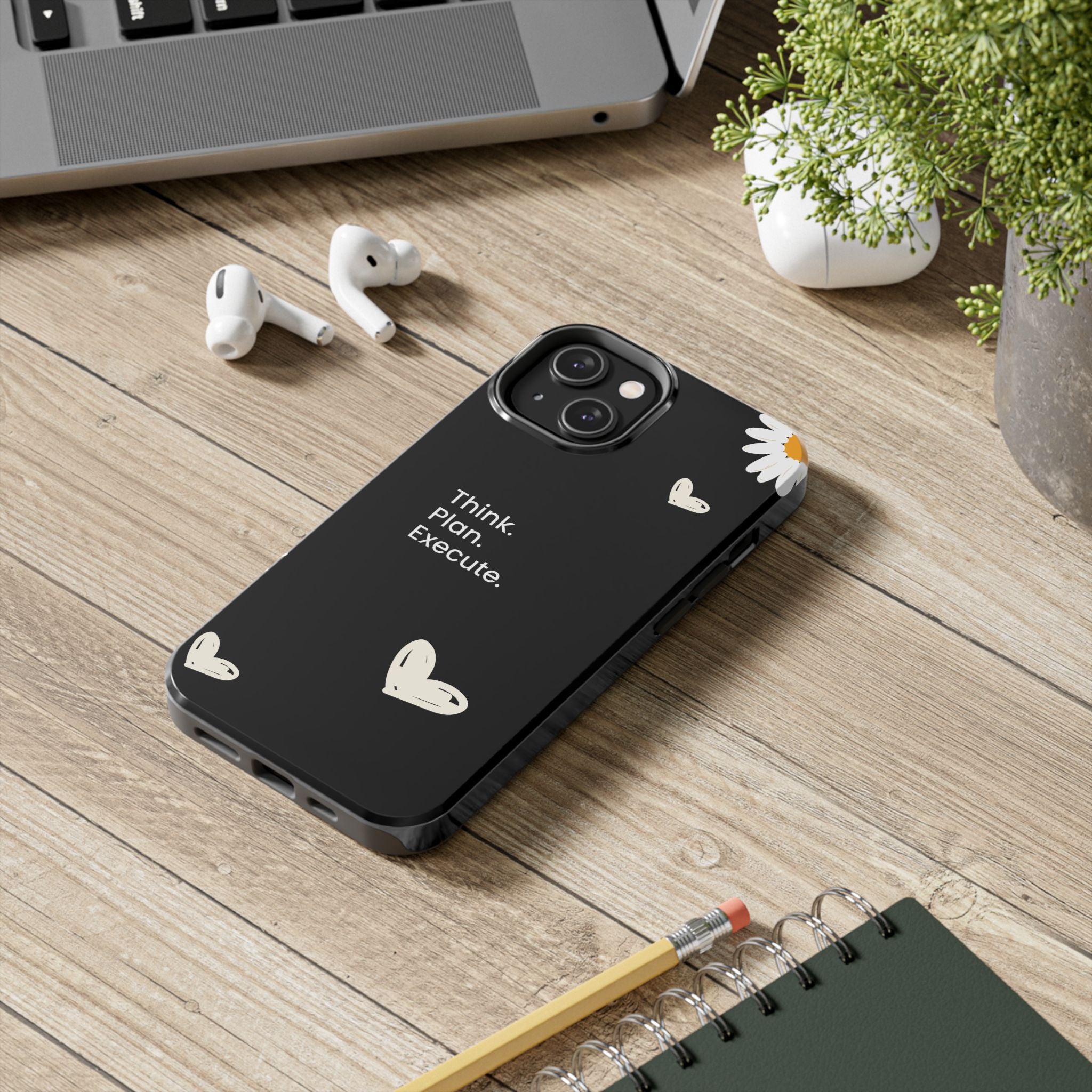 Think. Plan. Execute. Black Floral Tough Phone Case