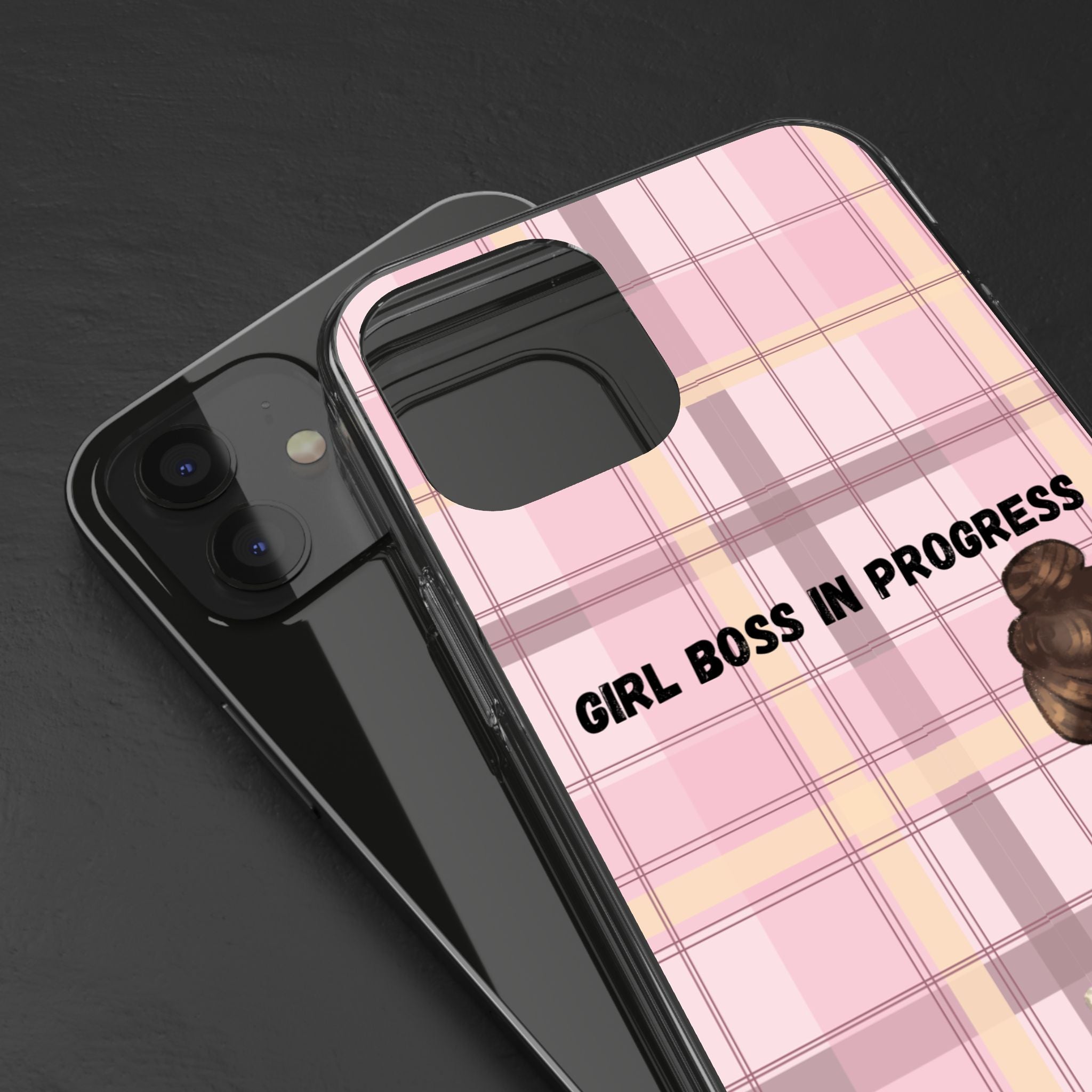 Girl Boss in Progress Clear Phone Case – Pink Plaid Feminine iPhone Cover